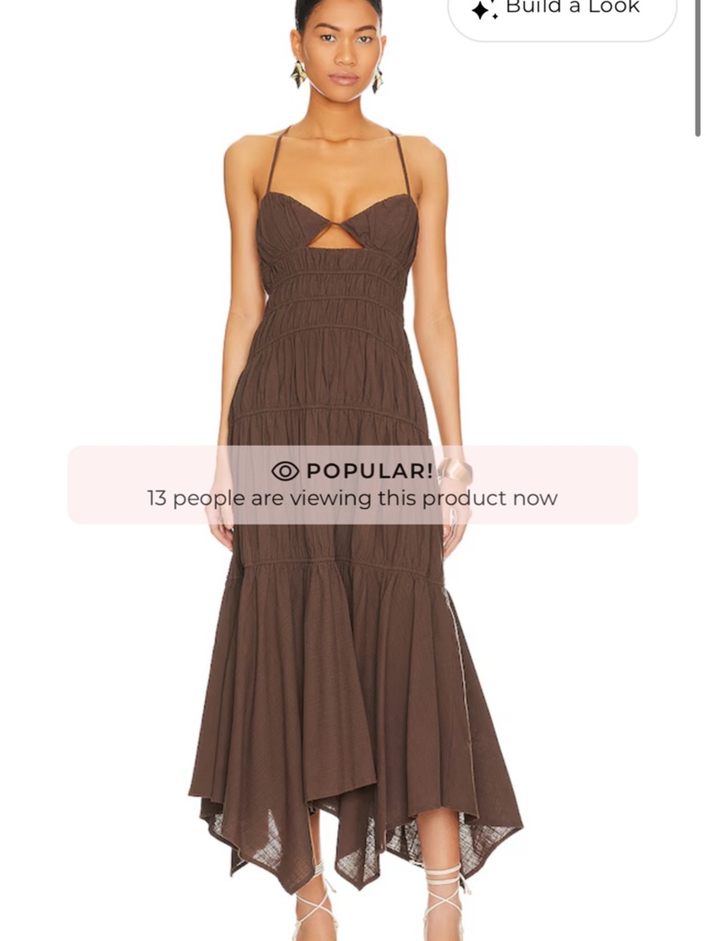 Brown Spaghetti-Strap High-Low Midi Dress with Cutout Detail